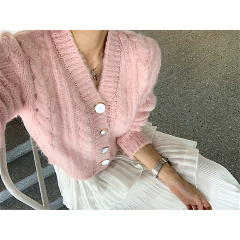 

Spring Autumn Mesh Soft Pink Cleavage Long Feminine Cardigan Sweater Chfl