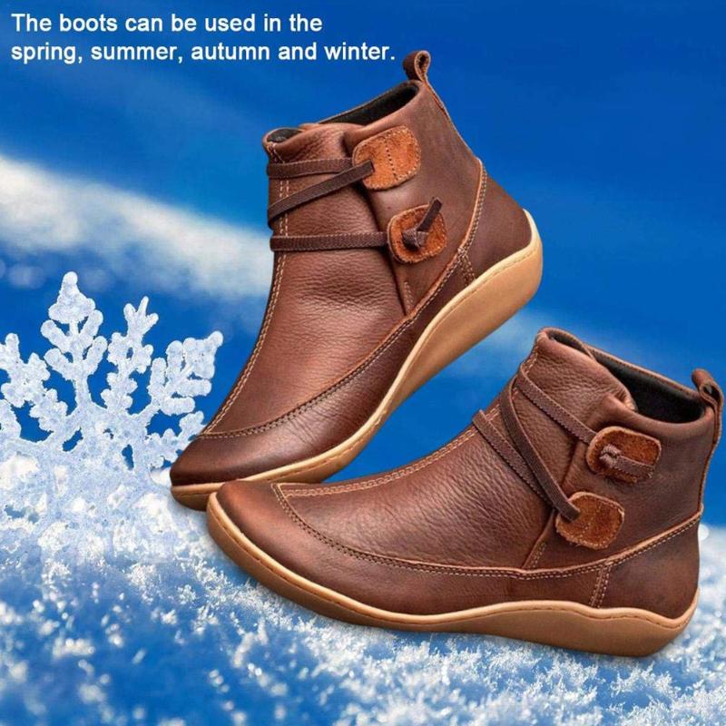 

Walking Shoes Winter PU Leather Arch Support Vintage Cross Strappy Flat Fashion Women Ankle Boots Non Slip Punk Soft Waterproof, Brown