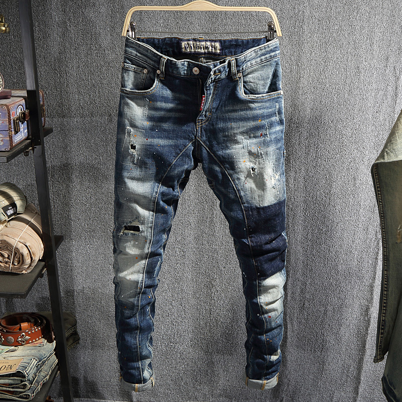 

2021 New Fashion Streetwear Retro Blue Slim Fit Elastic Ripped Men Pants High Quality Designer Hip Hop Homme Txc5