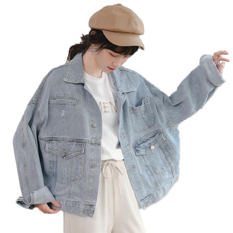 

Women' Denim Jacket Retro Hole Casual Spring Autumn Jeans Coat Tops Short Single Breasted Light blue Outerwear Tooling Feminina