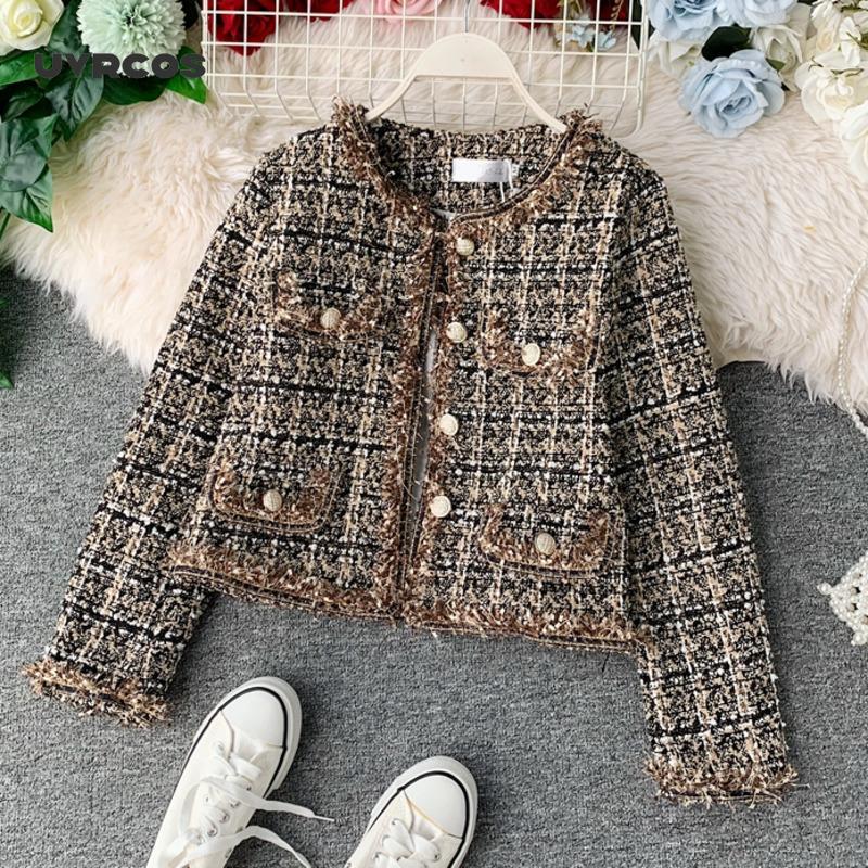 

UVRCOS New Autumn Winter Vintage Tweed Jacket Coat Women Small Fragrance Patchwork Korean Woollen Cropped Coats Elegant Short Ou, Black