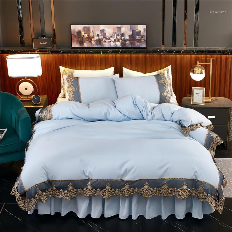 

2020 new products Solid color Thickened frosted fabric Bed skirt Pillowcases 4Pcs Luxury Embroidery lace Princess bedding.1