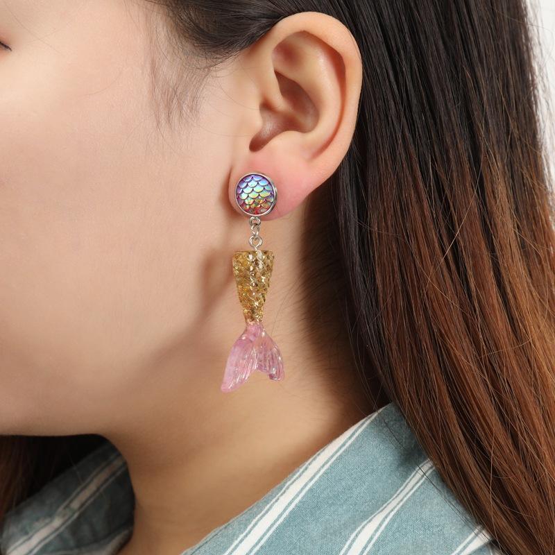 

Earrings & Necklace 2PCS Fashion Mermaid Fish Tail Pendant Trend Wild Temperament Senior Casual Simple Birthday Gift Accessories, Silver