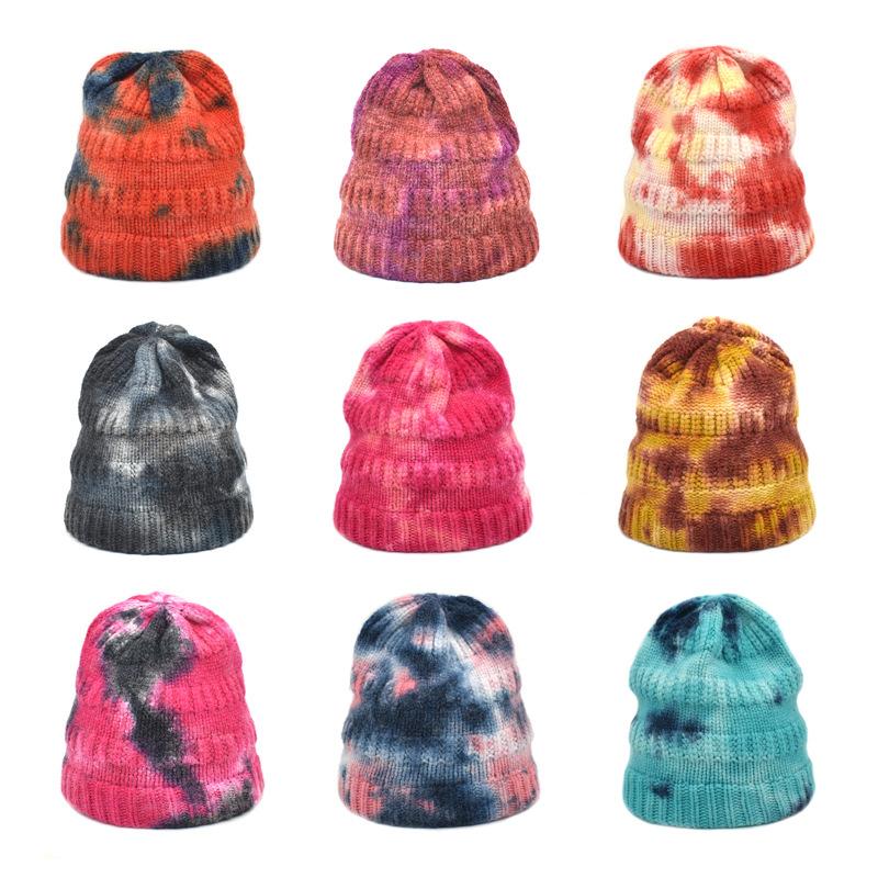 

tie-dyed ponytail pullover hats autumn and winter women's cold hat curling pullover hat outdoor warm men's wool hats for women