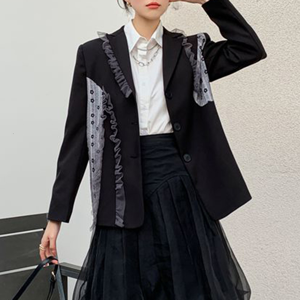

2021 Korean Version Blazer Autumn Winter New Fashion Lace Splicing Single-breasted Lapel Long Sleeve 1P2U, Black