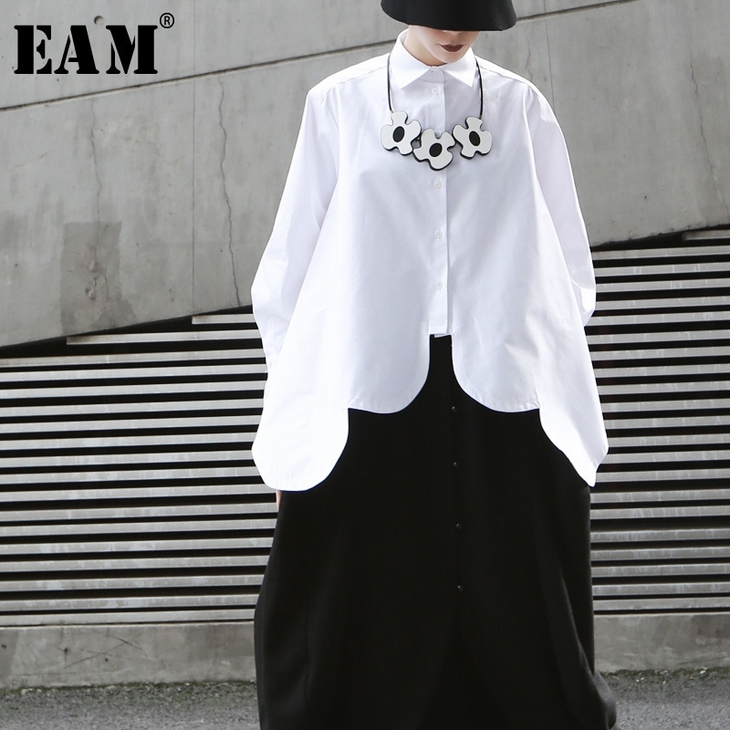 

[EAM] New Spring Autumn Lapel Long Sleeve White Irregular Hem Cut Stitch Irregular Big Size Shirt Women Blouse Fashion JO195 201201, Black