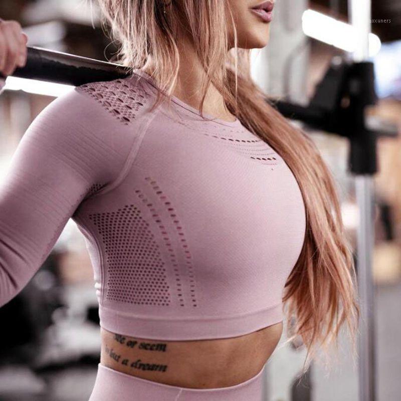 

2020 Hot Women Seamless Hollow-out Mesh Sports Yoga Shirts Long Sleeves Tops Energy Yoga Sports Fitness Gym Workout T-shirts1, Black