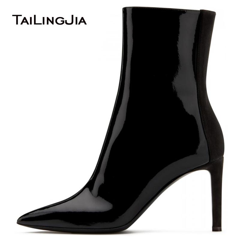 

Short Boots Pointed Toe Zipper Stiletto High Heel Black Patent Leather Suede Large Size Factory Handmade Wholesale Large Size