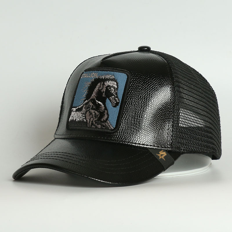 

Custom 5 Panel Baseball Caps Horse Animal Embroidery Mesh Trucker Hat, Dark grey