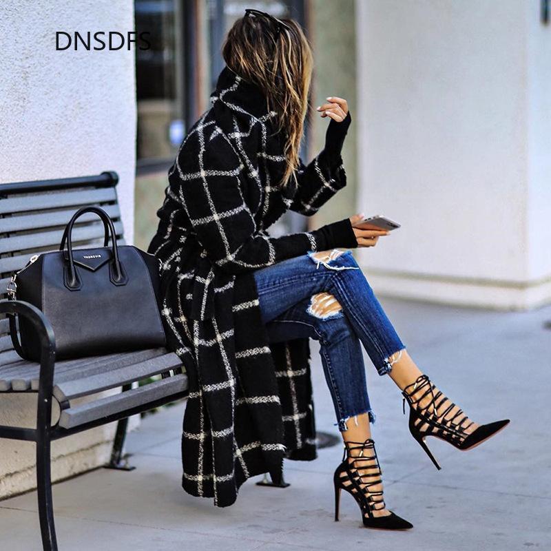 

Brand New Winter Sanding Plaid Jackets Women Long Coats Fashion Lady Office Sashes Open Stitch Woolen Coat Black Street Clothes