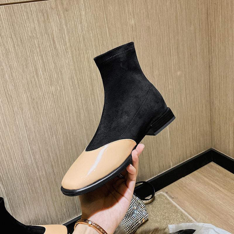 

low Heel print patchwork Ankle Boots Ladies Pumps square Toe Autumn Winter Women Shoes Size 34-43, Black