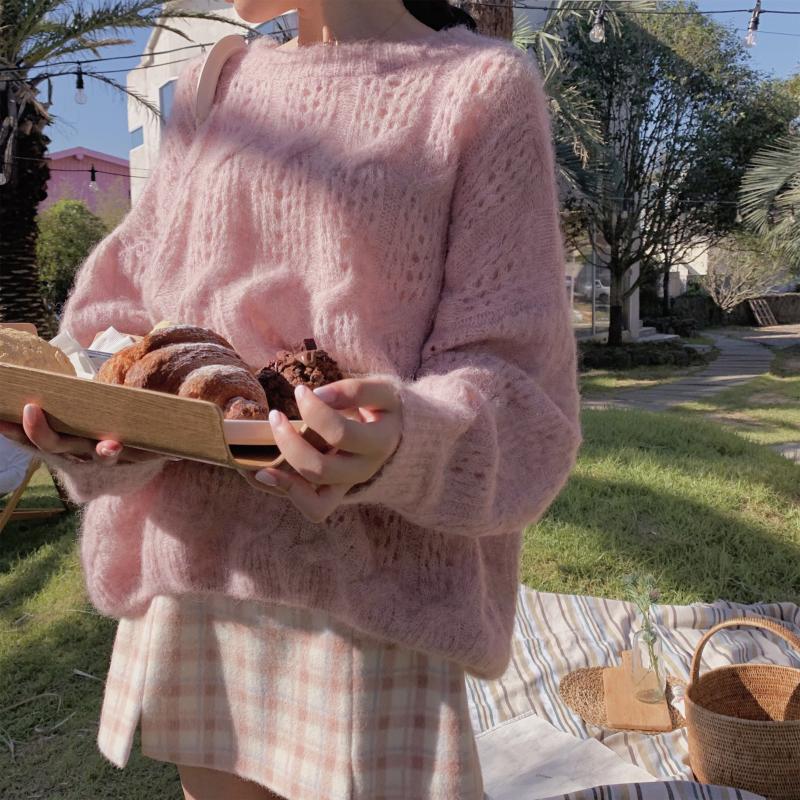 

Pink O Neck Knitting Hollow Out Soft Thin Sweaters Knitwear 2021 New Autumn Women's Mohair Pullovers Fashion Lazy Korean, Beige