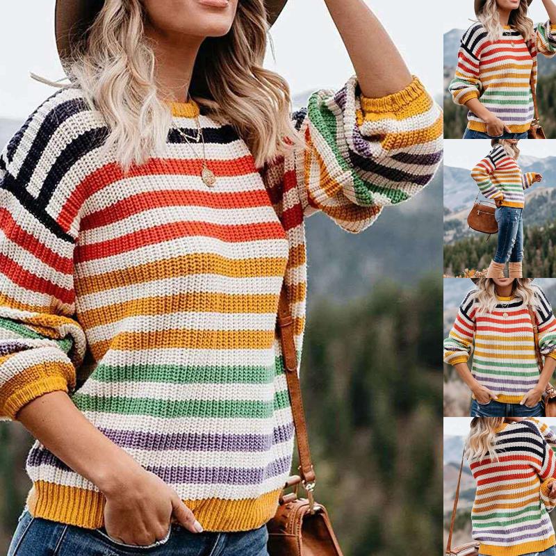 

Women Rainbow Striped Sweater Autumn Winter Round Neck Long Sleeve Sweater Loose Pullover Sweaters Pull Femme Sweter Para Mujer, Multi