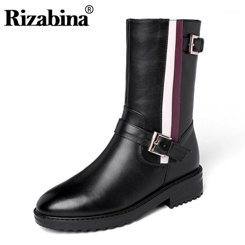 

RIZABINA Real Leather Ankle Boots Women Round Toe Zipper Shoes Autumn Winter Daily Fashion Buckle Women Footwear Size 34-421, Black