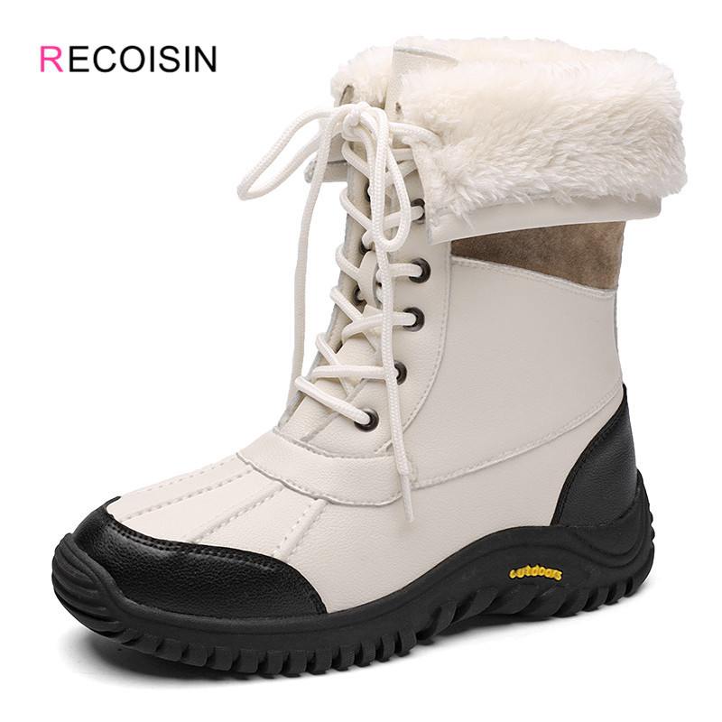 

RECOISIN Winter High Quality Keep Warm Mid-Calf Snow Women Lace-up Waterproof Comfortable Ladies Rain Boots Q1216, Black