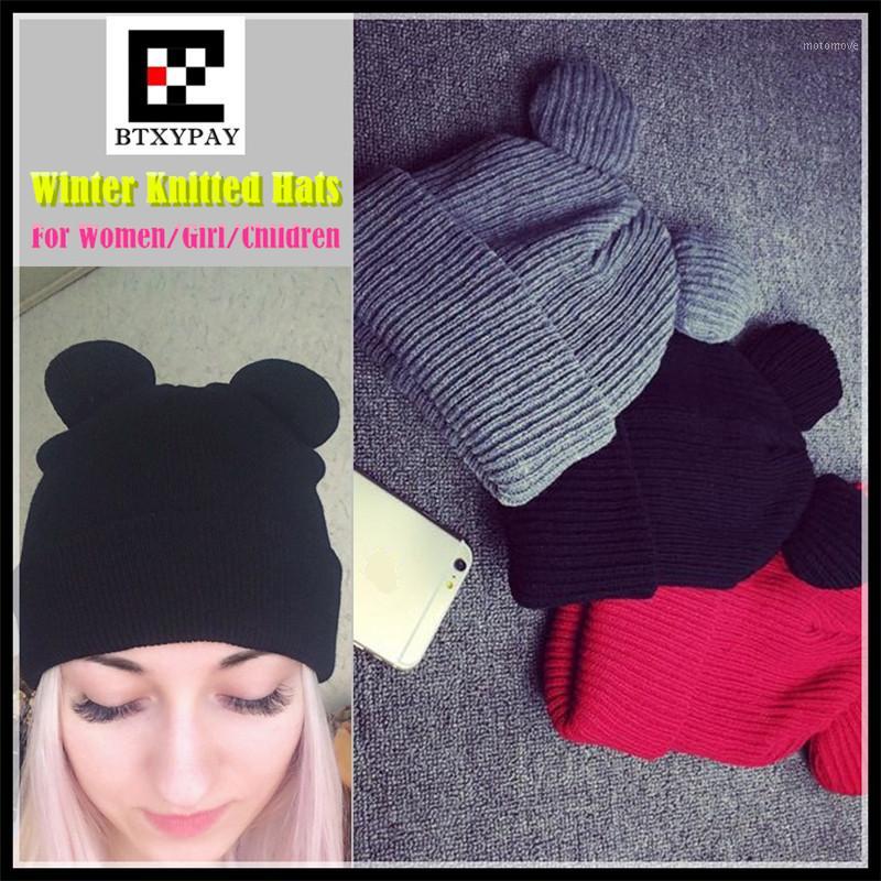 

Female Winter Caps Hats Women Devil Horns Cat Ear Cute Crochet Braided Knitting Wool Beanies Hat Student Girls Children Warm Cap1, Black