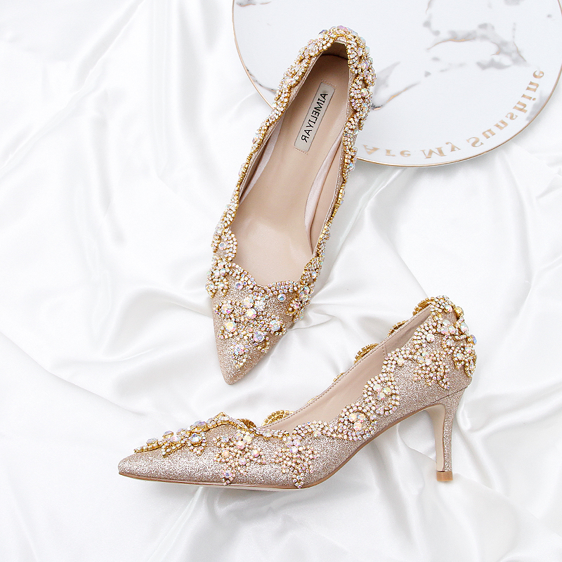 

Autumn winter party golden champagne... colored wedding adult rhinestones... fairy shoes... pointed to stiletto heels. 1BJ8, 7cm