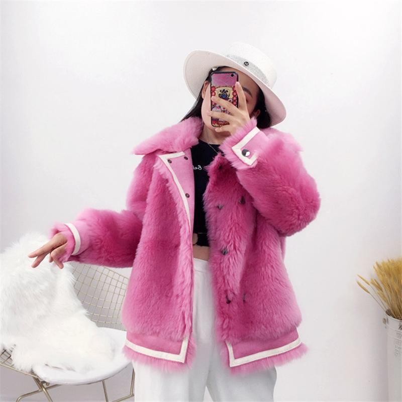 

2020 New Winter Faux Fur Jacket Women Fashion Splicing Leather Blended Wool Slim Girly Street shot Outerwear Ladies Tops Coat, Blue