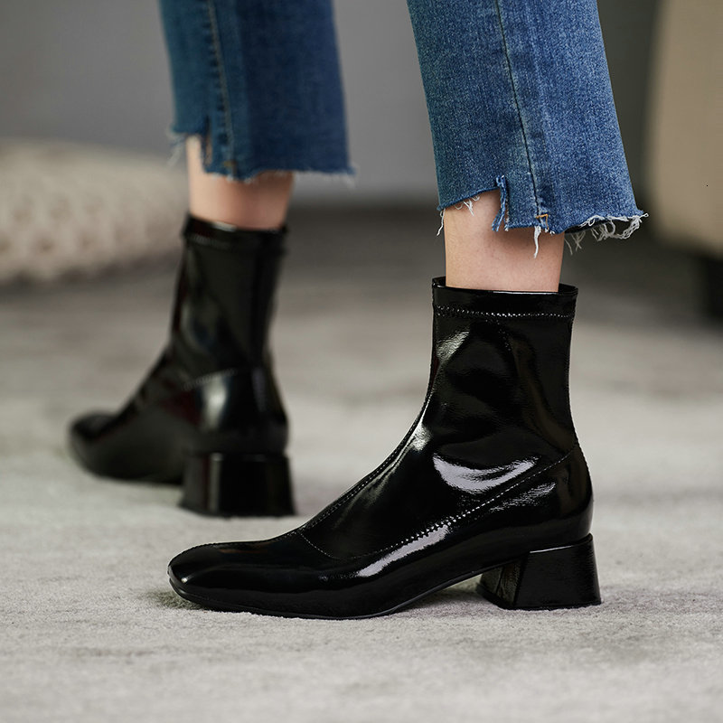 

New 2021 Autumn Winter Fashion Ladies Pu Leather Scrub Ankle Boots Round Toe Square Heel Slip on Women Shoes Size 34-43 N3ic, Black