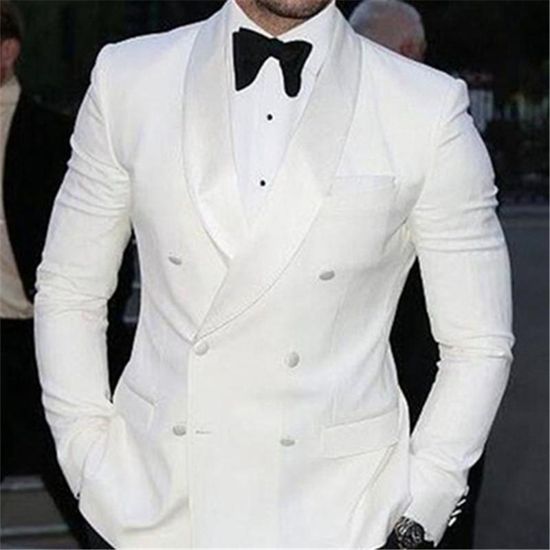 

White Double Breasted Men Suit 2 Pieces(Jacket+Pant+Bow) Groom Tuxedo Bespoke Best Mens Blazers Wedding Suits Black Pants