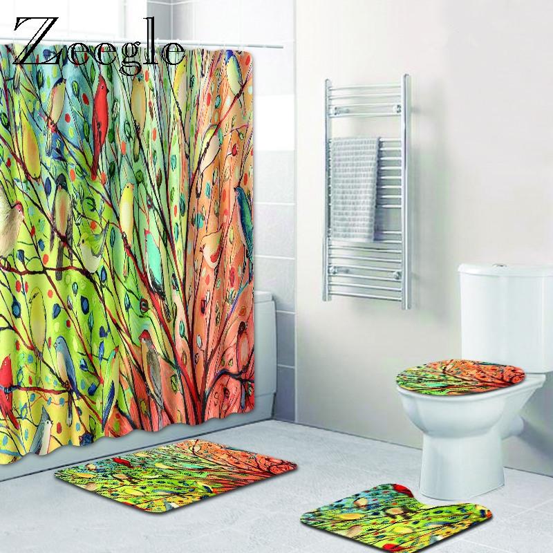 

Zeegle 4pcs Toilet Set Anti Slip Bathroom Doormat Shower Mat Flannel Soft Toilet Pedestal Rug Foot Mat Waterproof Curtain Set