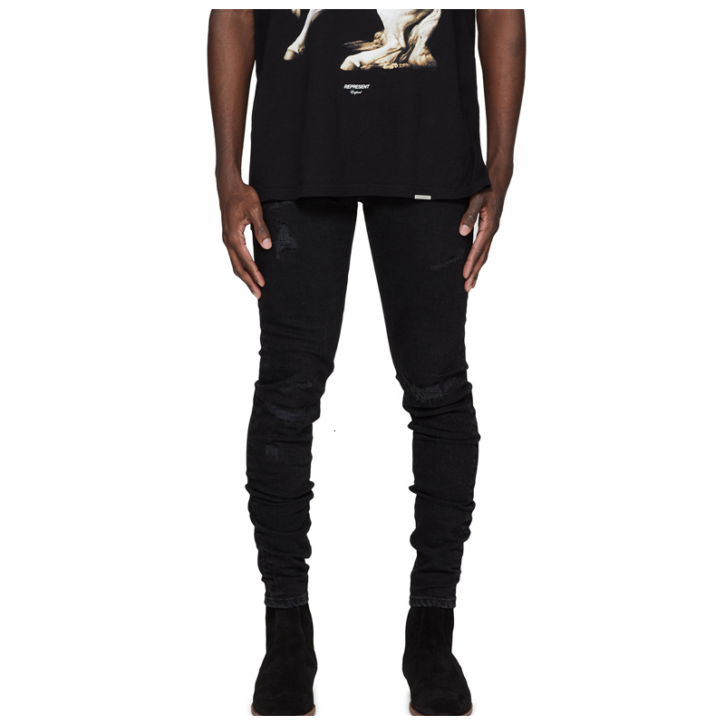 

2021 New Represent High Black Jeans Street Fashion Brand Slim Ny Destruction Patch Retro Denim Pants Men's P8tt