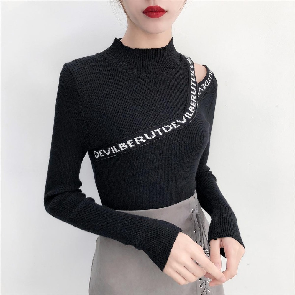 

Chick-thin Basic Women Sexy Hollow Korean Shoulder Fall Elegant Lady Knits Tops Slash Jumper Letters 4gof, Black