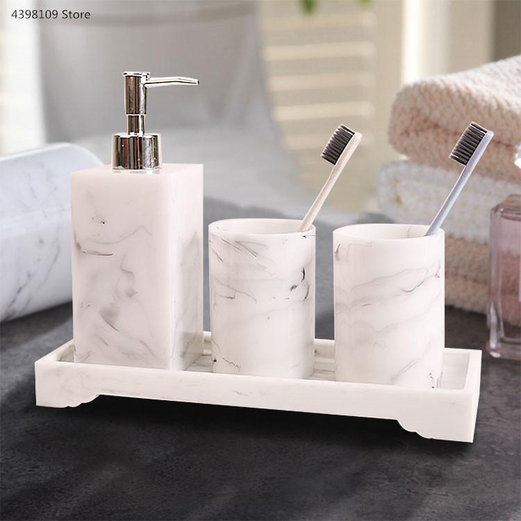 

Marble texture bathroom supplies black four-piece resin bathroom accessories with dispenser toothbrush holder soap dispenser
