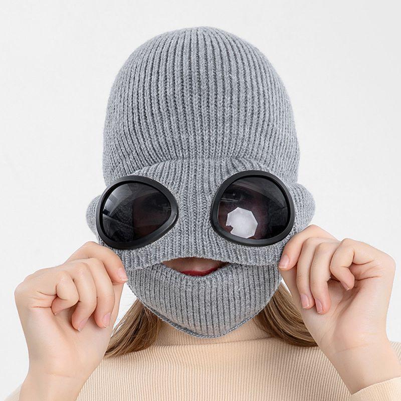 

Autumn Winter Knitted Woolen Hat With Glasses Ear Caps Plus Velvet Warm Wool Cap Hat Mask Outdoor Warm Equipment Cycling Caps, A2