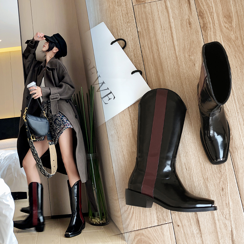 

2021 Women Knee-boots Shoes 22-25 in Length Four Inches Heel Spring and Autumn Cow Colorblock Patent 9DGU, Black