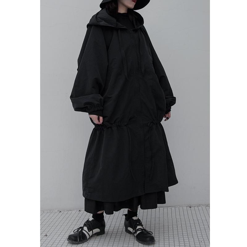 

DARK] Yamamoto-style Couple Dark Black Hooded Windbreaker Plus Size Loose Jacket Mid-length Men And Women Lining