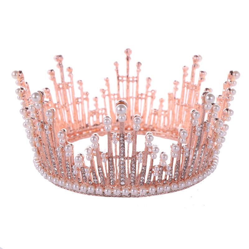 

Rose Gold Baroque Round Big Crown Wedding Hair Accessories Luxury Pearl Crystal Queen King Crowns Gift Bridal Tiaras Headpieces