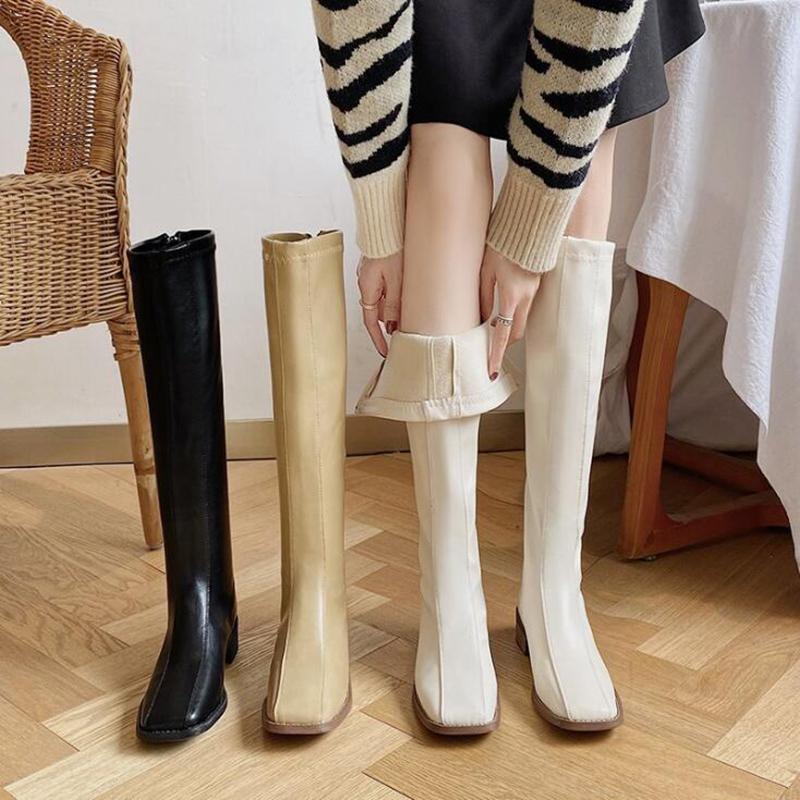 

Knee-high Boots Women Boots Women Shoes Woman Fashion Square Toe PU Retro Winter 2020 Winter New Short Fur Warm D692, Beige
