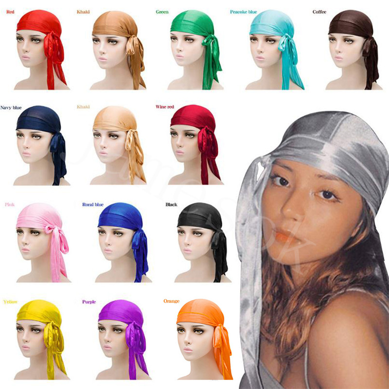 

Fashion Men Women Silky Pirate Hat Satin Durag Bandana Turban Wigs Solid Color Headwear Headband Pigtail Hip Hop Cap Beanie DB280, Multi