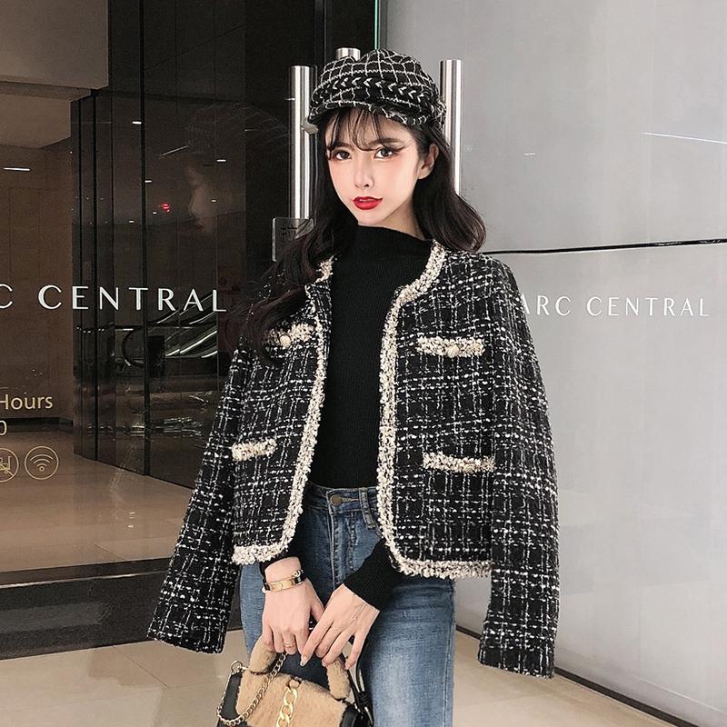 

Korean Autumn Runway Women Black Tweed Jackets Plaid Coats Long Sleeve Vintage Short Jackets O-Neck Open Stitch Outerwear Coats