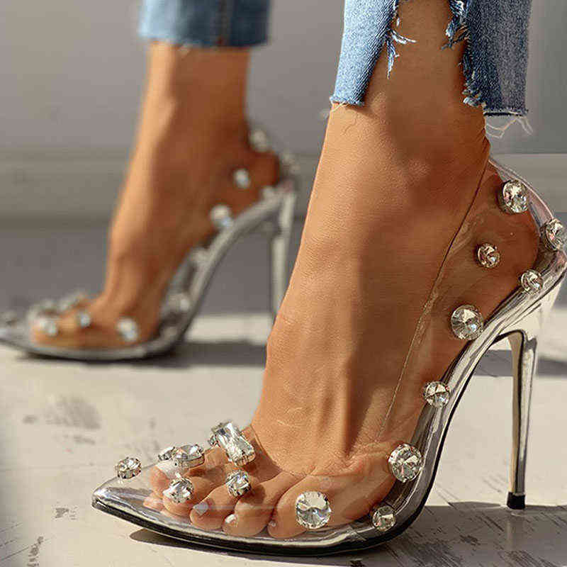 

Women Shoes High Heel Sandals Crystal Transparent Thin Heels Female Summer Sexy Pumps Ladies Pointed Toe Party Shoes AA220224, Silver
