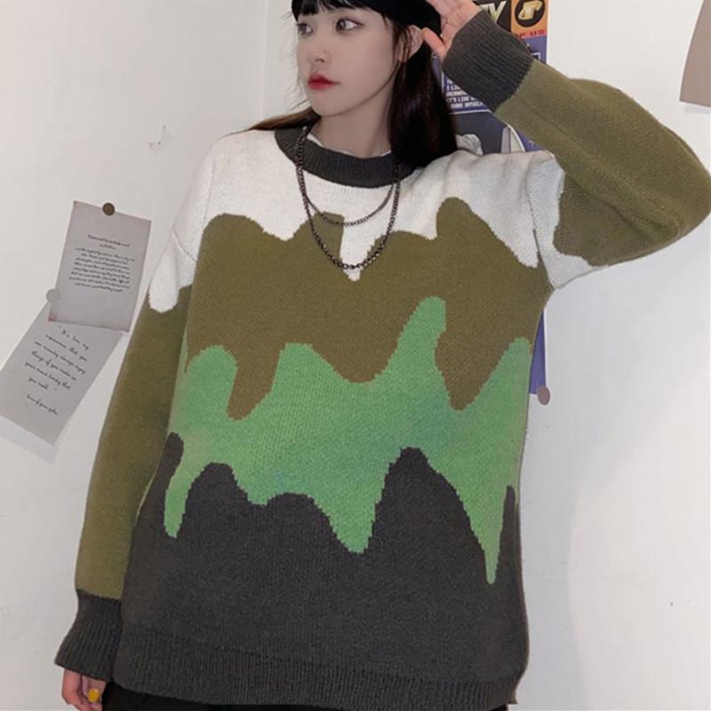 

Lychee Girls Hit Color Women Sweaters Round Neck Long Sleeve Pullover Casual Loose Autumn Lady Knitted Sweaters, Green