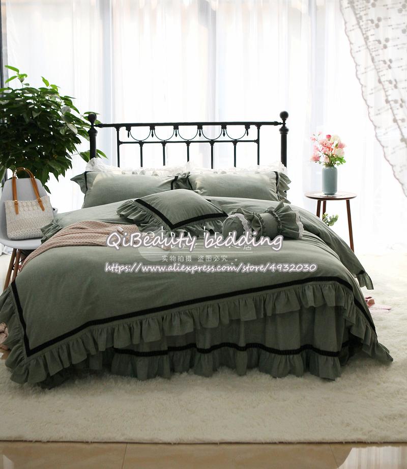 

Korean princess style pure color simple lace washed cotton bedding for home duvet cover, White
