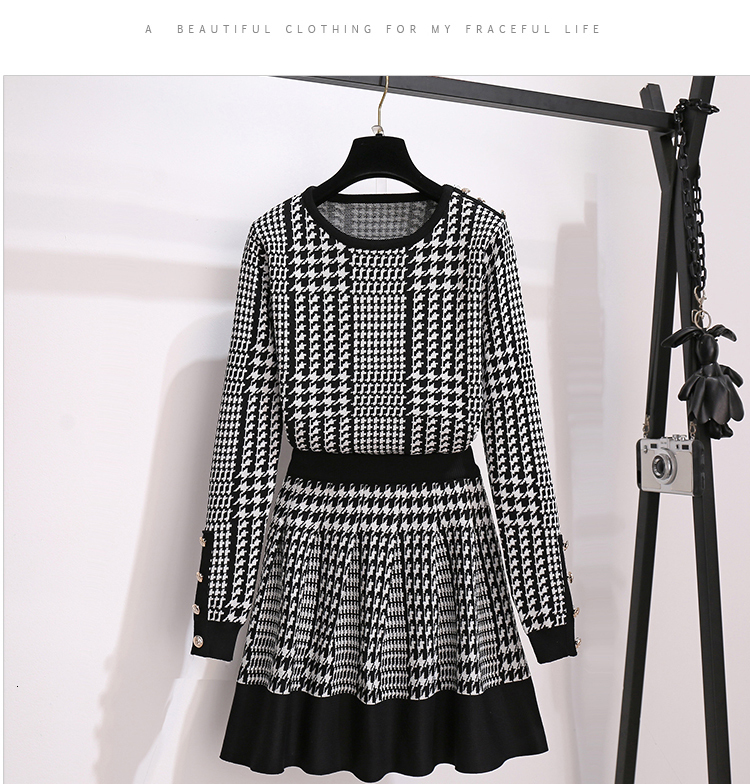 

2021 New Autumn Winter Plaid Print 2 Two Piece Set Women Elegant Knitting Pullover Sweater + Mini Skirt Casual Office Work Suit Yz60, Red