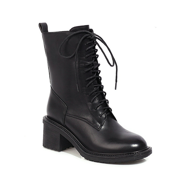 

2021 New Square High Heel Autumn Winter Short Quality Pu Leather Ankle Boots Round Toe Lace Up Women Shoes Size 34-40 Dbrf, Brown