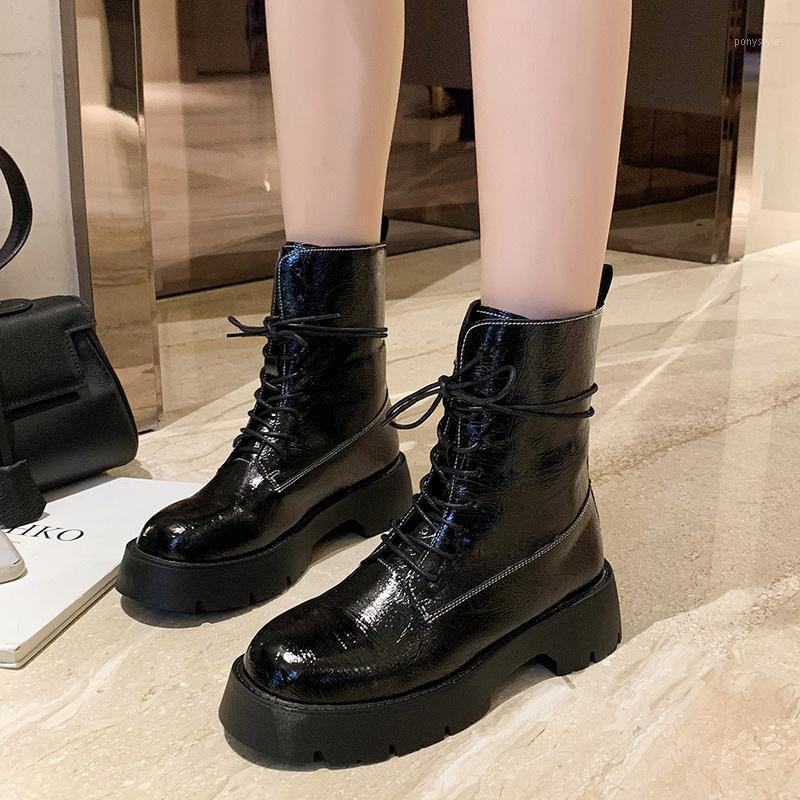 

Rimocy Silver Patent Leather Lace Up Ankle Boots for Women Autumn 2020 Fashion Chunky Heel Platform Boots Woman Waterproof Shoes1, Black