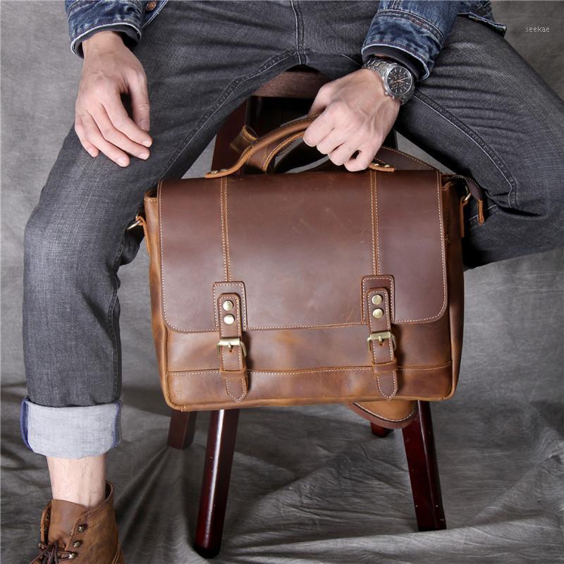 

PNDME casual high quality genuine leather men's briefcase handbag fashion vintage cowhide laptop shoulder messenger bag1, Brown