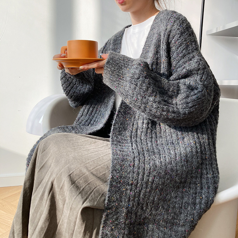 

2021 New Autumn Thick V-neck Long Sleeve Warm Sweater Poncho Winter Casual Women Cardigans Pull Femme Umhi, Gray