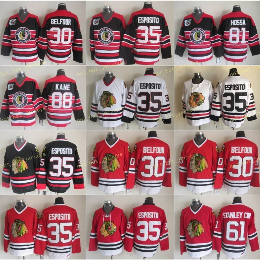

Chicago 88 Patrick Kane Ice Hockey Jersey Vintage CCM Men Blackhawks 35 Tony Esposito 81 Marian Hossa 30 Ed Belfour 61 Stanley Cup Red Black, As