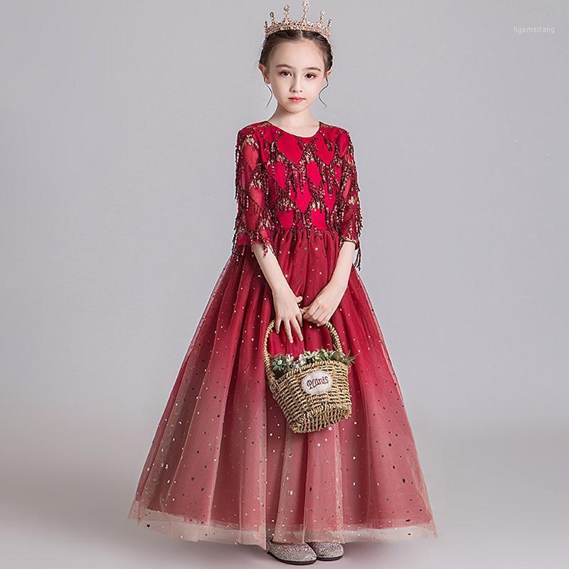 

Flower Girl Dresses Illusion Luxury Red Sequined Floor-Length Ball Gown Half Elegant Lace O-Neck Kids Party Princess Skirt D3551