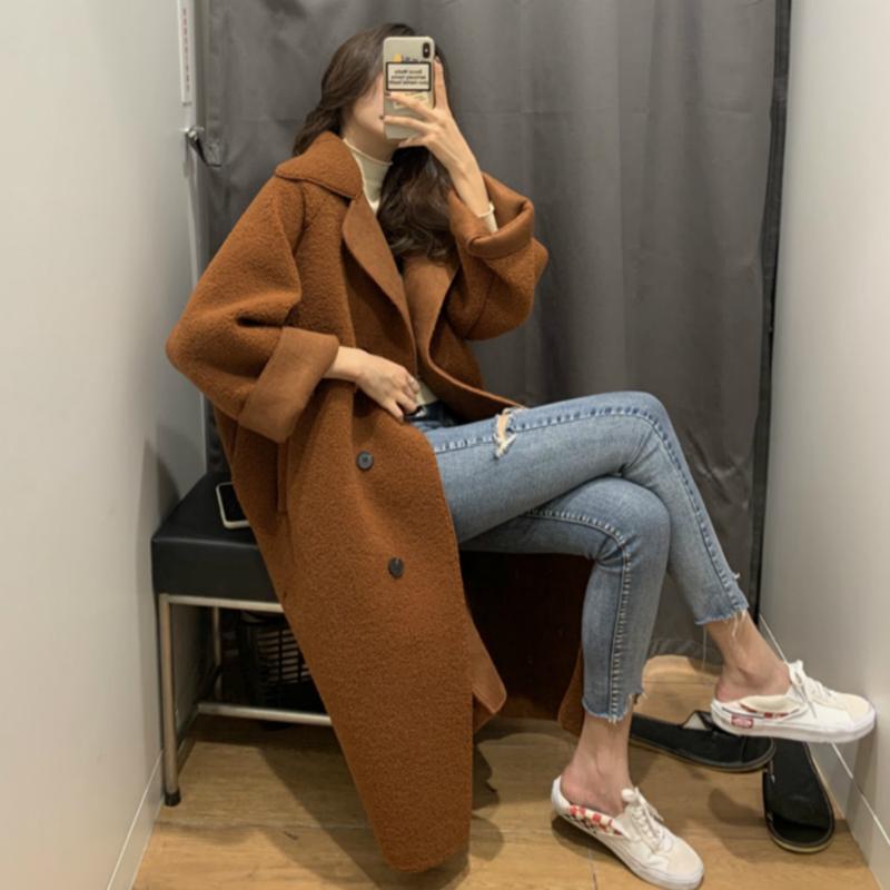 

Women Autumn Winter Lamb Wool Long Coat Jacket Woolen Overcoat Parkas Belt Double Breasted Warm Cardigan, Black