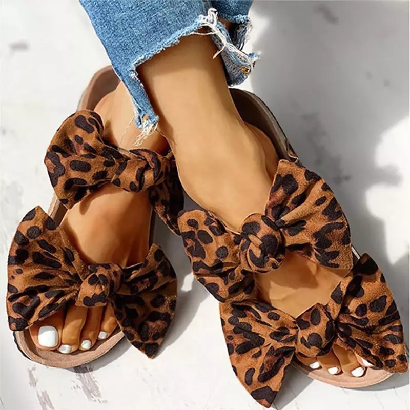

2021 New Bowknot Leopard Flat Slides Slip on Casual Beach Slippers Ladies Women Flip Flops Plus Size Summer Shoes Lh4n, Red