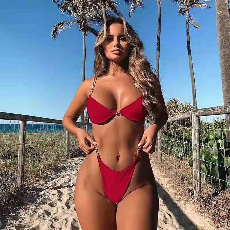 Chain Bikini 2020 Sexy Solid color Swimsuit Women Bikini Set Push Up Bathing Suit Pin Buckle Swimwear Biquinis Hot Sale-image-621871044