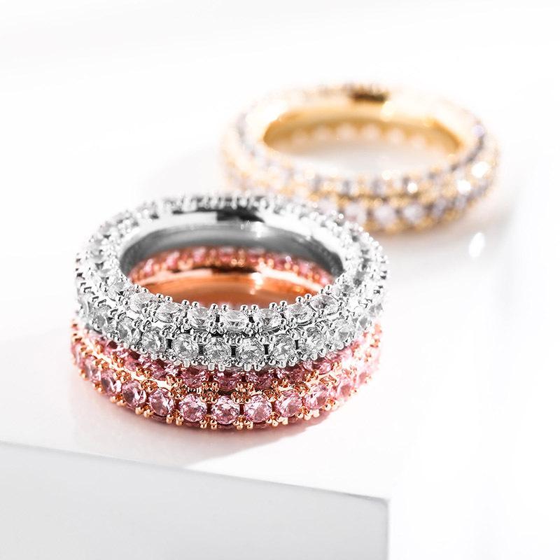 

Three Rows of Zircon Rings for Men and Women Hiphop Rapper Jewelry Tennis Chain Ring Size 7-11, Silver