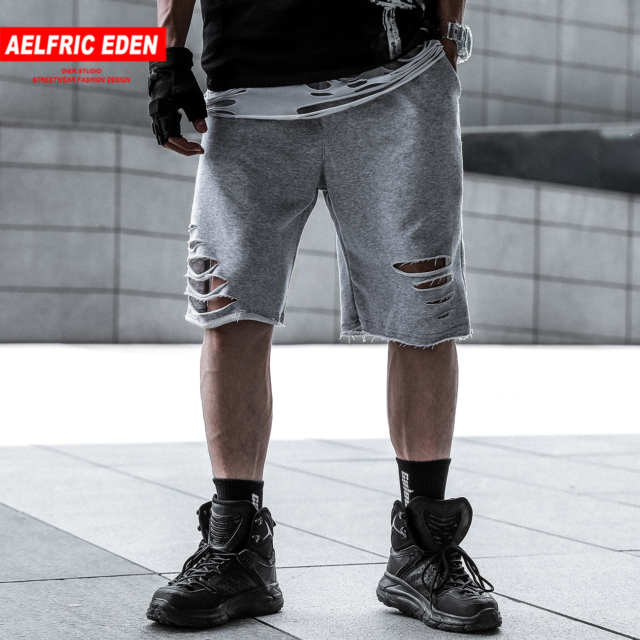 

2021 New Aelfric Eden Hip Hop Hole Casual Shorts Men Harajuku Jogger Oversize Elastic Loose Short Streetwear Knee Length Track Pants 8xov, Black